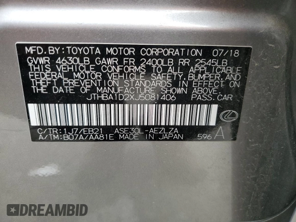 2018 Lexus IS 300 с VIN JTHBA1D2XJ5081406, выставлен на аукционе Copart как лот 54072875 с пробегом 50 154 миль миль и Списание • Salvage title. История ставок и продаж доступна на DreamBid. Изображение 12.
