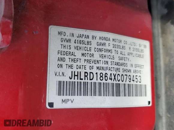 1999 Honda CR-V EX with VIN JHLRD1864XC079453, listed as a Copart auction lot 50363875 with 185,319 mi miles and Salvage Title. Bid and sale history available at carsss.com. Image 13.