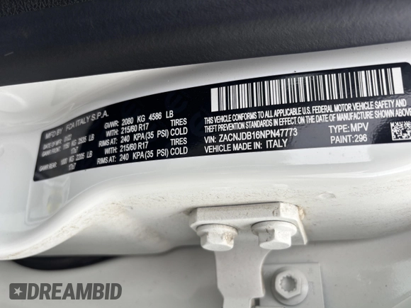 2022 Jeep Renegade Latitude with VIN ZACNJDB16NPN47773, listed as a IAAI auction lot 42215542 with Not provided miles and . Bid and sale history available at DreamBid. Image 8.