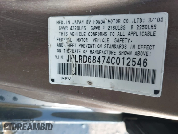 2004 Honda CR-V LX with VIN JHLRD68474C012546, listed as a IAAI auction lot 41288069 with 212,872 mi miles and . Bid and sale history available at DreamBid. Image 9.