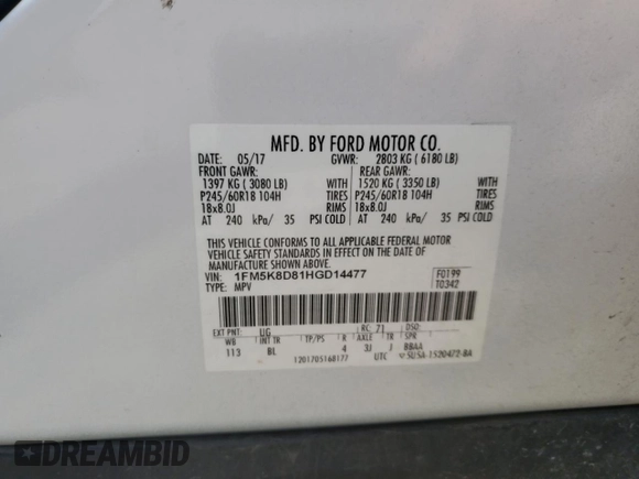 2017 Ford Explorer XLT с VIN 1FM5K8D81HGD14477, выставлен на аукционе Copart как лот 61245705 с пробегом 88 207 миль миль и Чистый • Clean title. История ставок и продаж доступна на DreamBid. Изображение 13.