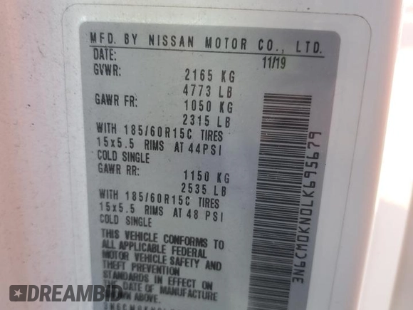 2020 Nissan NV200 S z VIN 3N6CM0KN0LK695679, wystawiony jako Copart lot #44427475 z przebiegiem 134 579 mil mil oraz Szkoda całkowita • Salvage title. Historia ofert i sprzedaży dostępna na DreamBid. Obrazek 15.