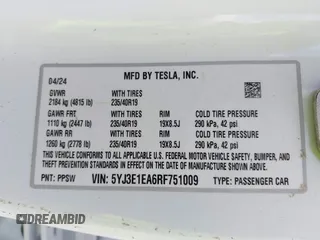2024 Tesla Model 3 with VIN 5YJ3E1EA6RF751009, listed as a IAAI auction lot 40537919 with Not Provided miles and . Bid and sale history available at DreamBid. Image 9.
