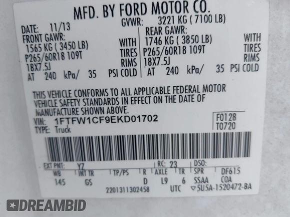 2014 Ford F-150 XL with VIN 1FTFW1CF9EKD01702, listed as a IAAI auction lot 41447899 with 185,247 mi miles. Bid and sale history available at carsss.com. Image 9.