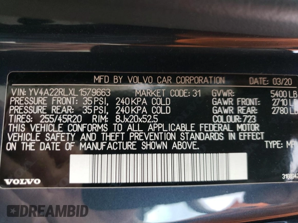 2020 Volvo XC60 Inscription with VIN YV4A22RLXL1579663, listed as a Copart auction lot 84971664 with 28,808 mi miles and Salvage title. Bid and sale history available at DreamBid. Image 14.