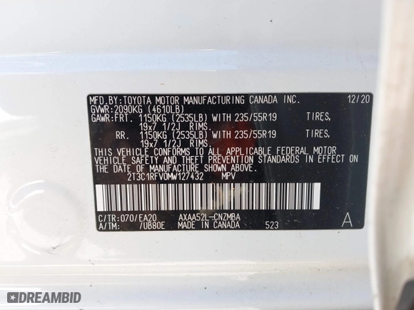 2021 Toyota RAV4 XLE Premium with VIN 2T3C1RFV0MW127432, listed as a IAAI auction lot 41646469 with 28,594 mi miles. Bid and sale history available at carsss.com. Image 9.
