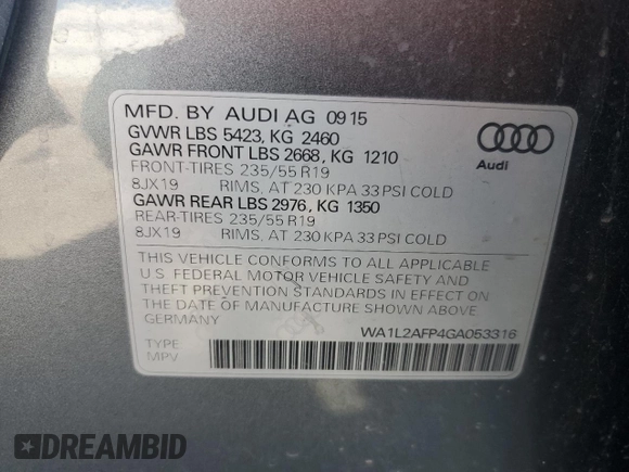 2016 Audi Q5 Premium Plus z VIN WA1L2AFP4GA053316, wystawiony jako Copart lot #60267325 z przebiegiem 75 227 mil mil oraz Szkoda całkowita • Salvage title. Historia ofert i sprzedaży dostępna na DreamBid. Obrazek 14.