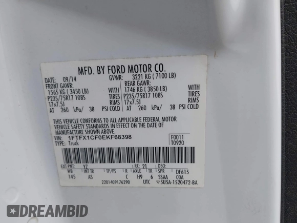 2014 Ford F-150 XL with VIN 1FTFX1CF0EKF68398, listed as a IAAI auction lot 42077086 with 288,958 mi miles and . Bid and sale history available at DreamBid. Image 9.