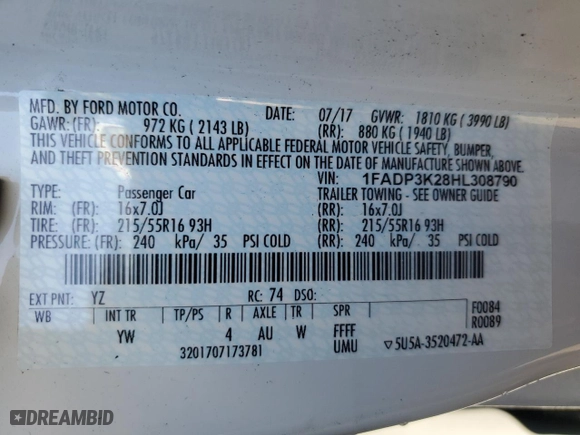 2017 Ford Focus SE with VIN 1FADP3K28HL308790, listed as a Copart auction lot 46599765 with 119,800 mi miles and Salvage Title. Bid and sale history available at carsss.com. Image 13.