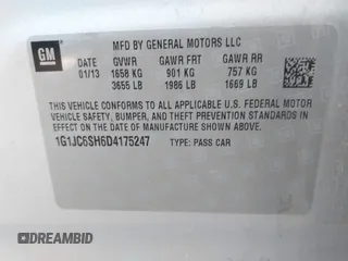 2013 Chevrolet Sonic LT with VIN 1G1JC6SH6D4175247, listed as a IAAI auction lot 41658630 with 296,668 mi miles. Bid and sale history available at carsss.com. Image 9.