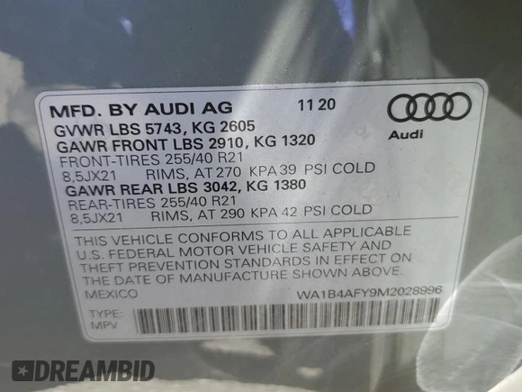 2021 Audi SQ5 Premium Plus with VIN WA1B4AFY9M2028996, listed as a Copart auction lot 65391394 with 51,799 mi miles and Salvage Title. Bid and sale history available at DreamBid. Image 14.