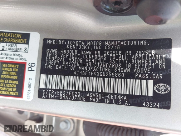 2016 Toyota Camry XLE with VIN 4T1BF1FKXGU259860, listed as a IAAI auction lot 42219507 with 239,145 mi miles and . Bid and sale history available at DreamBid. Image 9.