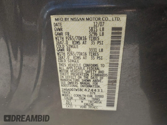 2008 Nissan Frontier SE with VIN 1N6AD07W58C424431, listed as a IAAI auction lot 42159516 with 175,352 mi miles and . Bid and sale history available at DreamBid. Image 9.