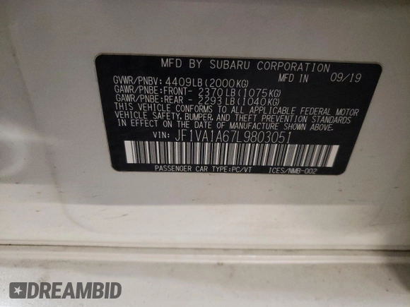 2020 Subaru WRX z VIN JF1VA1A67L9803051, wystawiony jako Copart lot #52039405 z przebiegiem 117 939 mil mil oraz Szkoda całkowita • Salvage title. Historia ofert i sprzedaży dostępna na DreamBid. Obrazek 13.