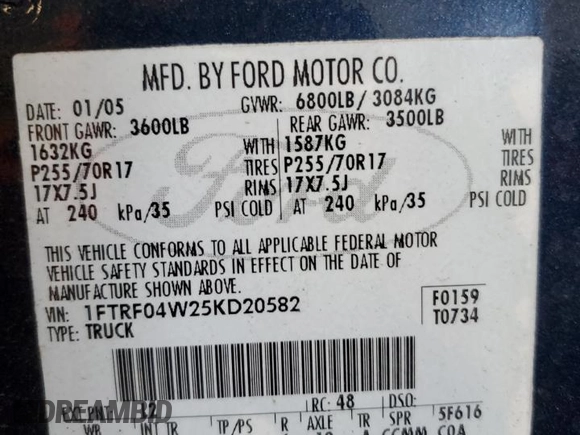 2005 Ford F-150 STX with VIN 1FTRF04W25KD20582, listed as a Copart auction lot 45002035 with 141,815 mi miles and Clean title. Bid and sale history available at DreamBid. Image 12.