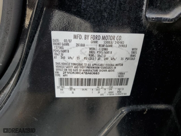 2007 Ford Edge SEL with VIN 2FMDK38C47BA63683, listed as a Copart auction lot 46981165 with 182,661 mi miles and Salvage Title. Bid and sale history available at carsss.com. Image 13.