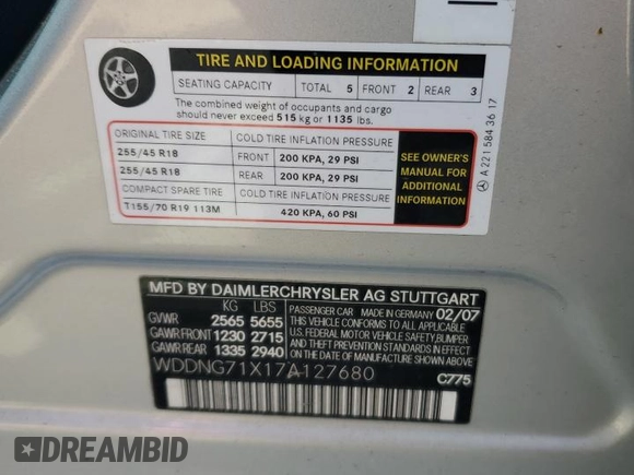 2007 Mercedes-Benz S 550 with VIN WDDNG71X17A127680, listed as a Copart auction lot 61382985 with 268,493 mi miles and Salvage title. Bid and sale history available at DreamBid. Image 12.