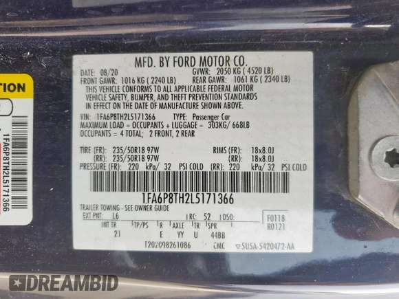 2020 Ford Mustang EcoBoost with VIN 1FA6P8TH2L5171366, listed as a Copart auction lot 57659925 with 86,361 mi miles and Non repairable. Bid and sale history available at DreamBid. Image 13.
