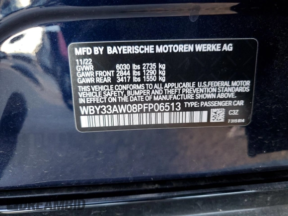 2023 BMW i4 M50 with VIN WBY33AW08PFP06513, listed as a Copart auction lot 87903685 with 0 mi miles and Salvage Title. Bid and sale history available at carsss.com. Image 13.
