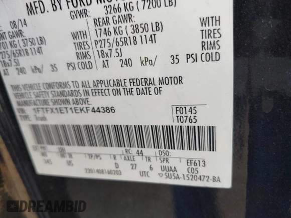 2014 Ford F-150 XL z VIN 1FTFX1ET1EKF44386, wystawiony jako IAAI lot #42459023 z przebiegiem 104 666 mil mil oraz . Historia ofert i sprzedaży dostępna na DreamBid. Obrazek 9.