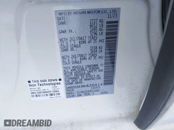 2024 Nissan Frontier Pro-4X with VIN 1N6ED1EK3RN620414, listed as a IAAI auction lot 41613820 with 10,714 mi miles and . Bid and sale history available at DreamBid. Image 9.