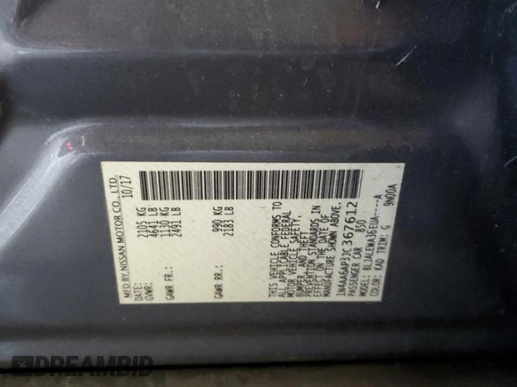 2018 Nissan Maxima SL with VIN 1N4AA6AP3JC367612, listed as a Copart auction lot 57693435 with 56,096 mi miles and Salvage title. Bid and sale history available at DreamBid. Image 12.