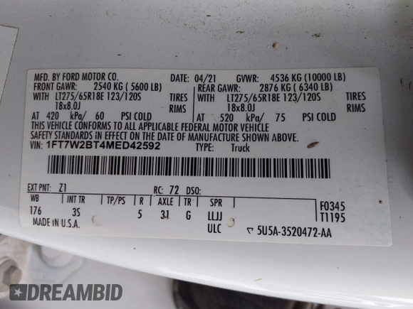 2021 Ford F-250 XL with VIN 1FT7W2BT4MED42592, listed as a IAAI auction lot 42219340 with 133,093 mi miles and . Bid and sale history available at DreamBid. Image 9.