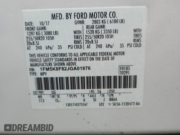 2018 Ford Explorer Limited z VIN 1FM5K8F82JGA01876, wystawiony jako Copart lot #58390955 z przebiegiem 108 345 mil mil oraz Szkoda całkowita • Salvage title. Historia ofert i sprzedaży dostępna na DreamBid. Obrazek 13.