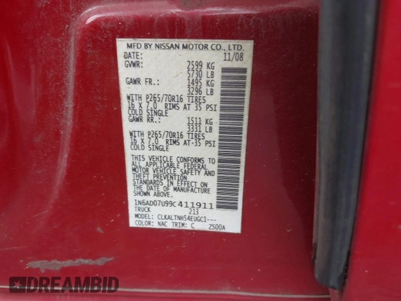 2009 Nissan Frontier SE with VIN 1N6AD07U99C411911, listed as a IAAI auction lot 41553405 with 108,734 mi miles and . Bid and sale history available at DreamBid. Image 9.