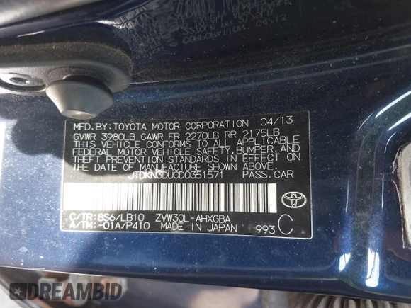 2013 Toyota Prius One with VIN JTDKN3DU0D0351571, listed as a IAAI auction lot 42033388 with 270,161 mi miles and . Bid and sale history available at DreamBid. Image 9.