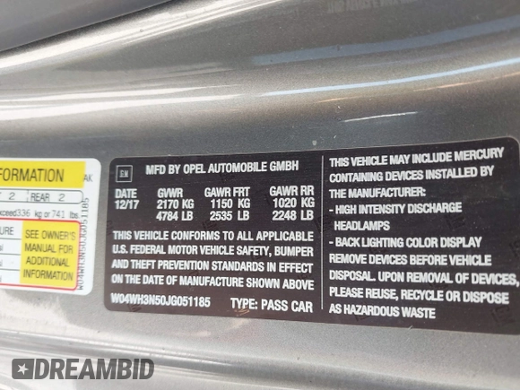 2018 Buick Cascada Premium with VIN W04WH3N50JG051185, listed as a IAAI auction lot 42618570 with 64,216 mi miles and . Bid and sale history available at DreamBid. Image 9.