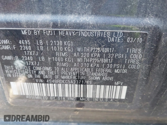 2010 Subaru Outback Limited Power Moon с VIN 4S4BRDKC5A2371749, выставлен на аукционе IAAI как лот 41672513 с пробегом 212 562 миль миль и . История ставок и продаж доступна на DreamBid. Изображение 9.