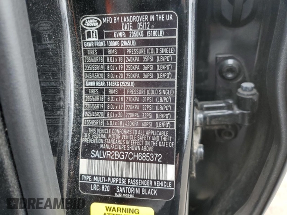 2012 Land Rover Range Rover Evoque Pure Premium with VIN SALVR2BG7CH685372, listed as a Copart auction lot 63607085 with 124,543 mi miles and Salvage title. Bid and sale history available at DreamBid. Image 13.