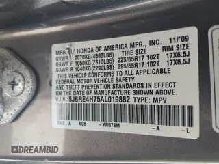 2010 Honda CR-V EX-L with VIN 5J6RE4H75AL019882, listed as a IAAI auction lot 42146343 with 187,726 mi miles and . Bid and sale history available at DreamBid. Image 9.