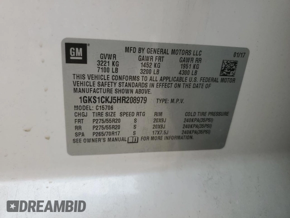 2017 GMC Yukon Denali with VIN 1GKS1CKJ5HR208979, listed as a Copart auction lot 44455835 with 99,954 mi miles and Salvage Title. Bid and sale history available at carsss.com. Image 14.