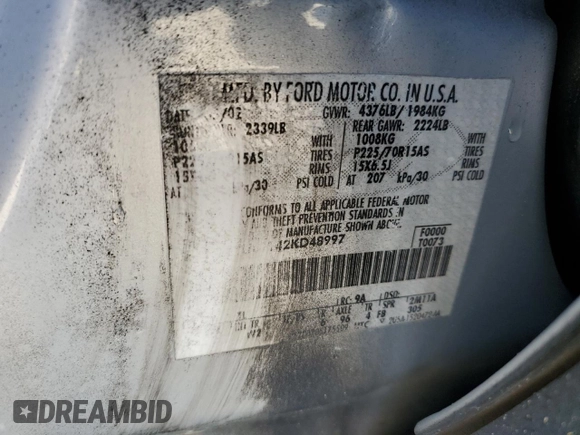 2002 Ford Escape XLS Choice with VIN 1FMYU01142KD48997, listed as a Copart auction lot 53340815 with 172,235 mi miles and Salvage title. Bid and sale history available at DreamBid. Image 13.