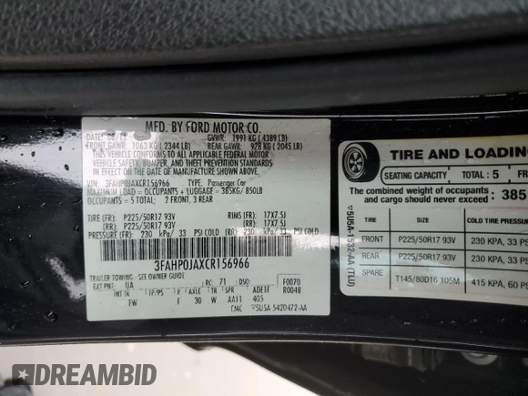 2012 Ford Fusion SEL z VIN 3FAHP0JAXCR156966, wystawiony jako Copart lot #47813775 z przebiegiem 117 963 mil mil oraz Szkody całkowita. Historia ofert i sprzedaży dostępna na DreamBid. Obrazek 13.