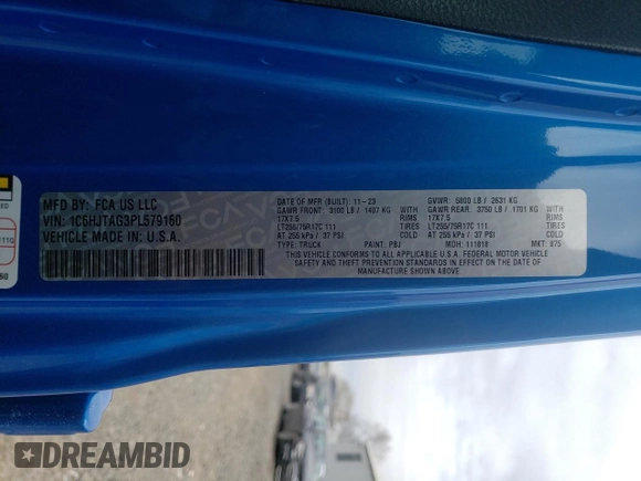 2023 Jeep Gladiator Freedom с VIN 1C6HJTAG3PL579160, выставлен на аукционе Copart как лот 46909635 с пробегом 10 081 миль миль и Списание • Salvage title. История ставок и продаж доступна на DreamBid. Изображение 12.
