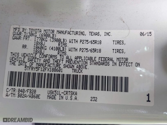 2015 Toyota Tundra 2WD Truck SR5 with VIN 5TFRY5F12FX188601, listed as a IAAI auction lot 41799087 with 20,086 mi miles. Bid and sale history available at carsss.com. Image 9.