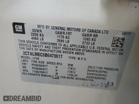 2011 GMC Terrain SLE-1 with VIN 2CTALMEC8B6473617, listed as a Copart auction lot 63227595 with 134,963 mi miles and Clean title. Bid and sale history available at DreamBid. Image 13.