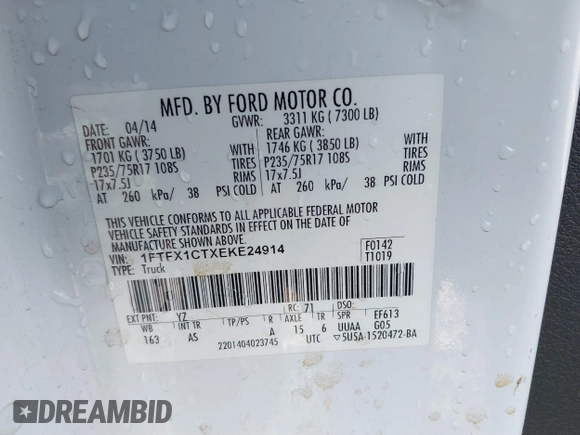 2014 Ford F-150 XL with VIN 1FTFX1CTXEKE24914, listed as a IAAI auction lot 41426666 with 141,451 mi miles. Bid and sale history available at carsss.com. Image 9.
