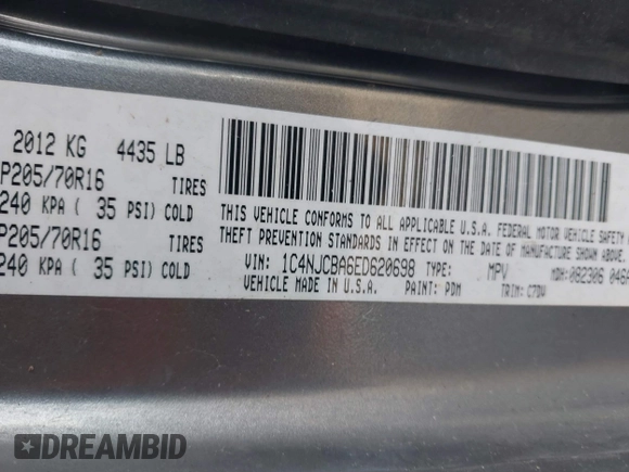 2014 Jeep Compass Sport with VIN 1C4NJCBA6ED620698, listed as a IAAI auction lot 41852056 with 193,085 mi miles and . Bid and sale history available at DreamBid. Image 9.