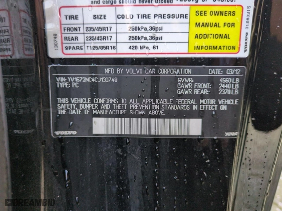 2012 Volvo C70 T5 with VIN YV1672MC4CJ130748, listed as a Copart auction lot 74681254 with 44,060 mi miles and Non Repairable. Bid and sale history available at carsss.com. Image 12.