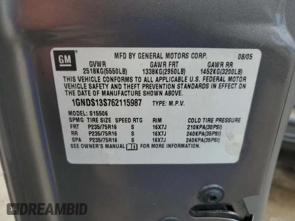 2006 Chevrolet TrailBlazer LS with VIN 1GNDS13S762115987, listed as a Copart auction lot 58475494 with 199,475 mi miles and Salvage Title. Bid and sale history available at DreamBid. Image 14.