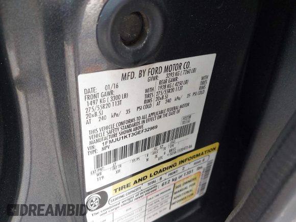 2016 Ford Expedition Limited with VIN 1FMJU1KT3GEF32969, listed as a IAAI auction lot 42011508 with 160,415 mi miles and . Bid and sale history available at DreamBid. Image 9.