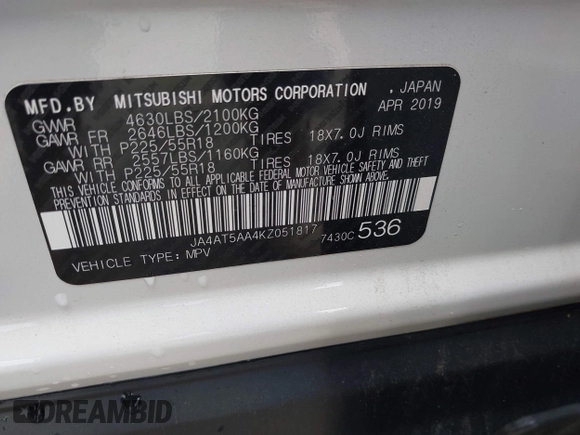 2019 Mitsubishi Eclipse Cross SE with VIN JA4AT5AA4KZ051817, listed as a IAAI auction lot 42102776 with 62,291 mi miles and . Bid and sale history available at DreamBid. Image 9.