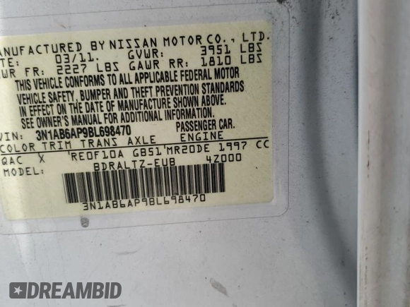 2011 Nissan Sentra SR with VIN 3N1AB6AP9BL698470, listed as a Copart auction lot 63661525 with 173,188 mi miles and Salvage title. Bid and sale history available at DreamBid. Image 12.