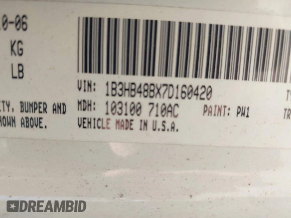 2007 Dodge Caliber SXT with VIN 1B3HB48BX7D160420, listed as a IAAI auction lot 42133771 with 169,796 mi miles and . Bid and sale history available at DreamBid. Image 9.