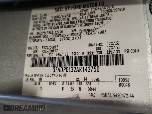 2010 Ford Fusion Hybrid with VIN 3FADP0L32AR142750, listed as a Copart auction lot 62395305 with 144,384 mi miles and Salvage title. Bid and sale history available at DreamBid. Image 12.