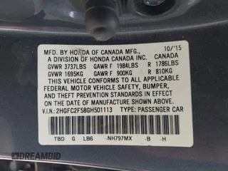 2016 Honda Civic Sedan LX with VIN 2HGFC2F58GH501113, listed as a IAAI auction lot 41826725 with 115,121 mi miles. Bid and sale history available at carsss.com. Image 9.